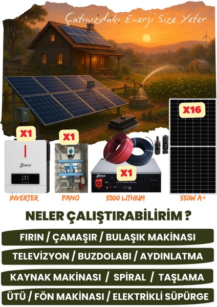 7,2 Kw Monofaze Güneş Paneli Sistemi (8,8 Kwp/5,12 Kwh Depolama) - 16P7K1L-D