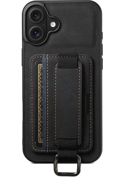 iPhone 16 Kılıf Kartlıklı El Standlı Pu Deri H13 Kapak