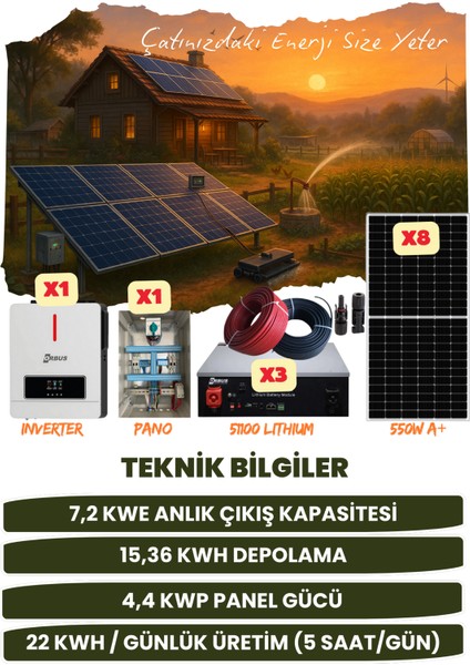 7,2 Kw Monofaze Güneş Paneli Sistemi (4,4 Kwp/15,36 Kwh Depolama) - 8P7K3L-D fiyatları