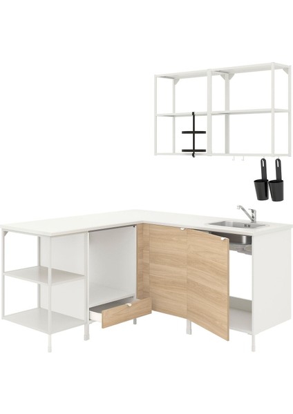 Köşe Mutfak Dolabı Kombinasyonu, Beyaz-Meşe Görünümlü, 170.5X168.5X75 Cm, Lagan Batarya