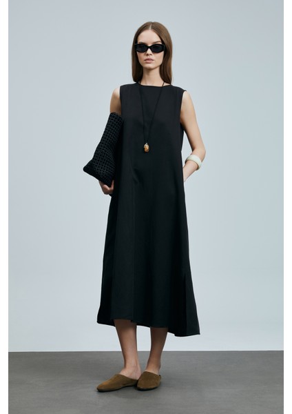 Grace Kadın Lyocell Karışımlı Keten Elbise Siyah