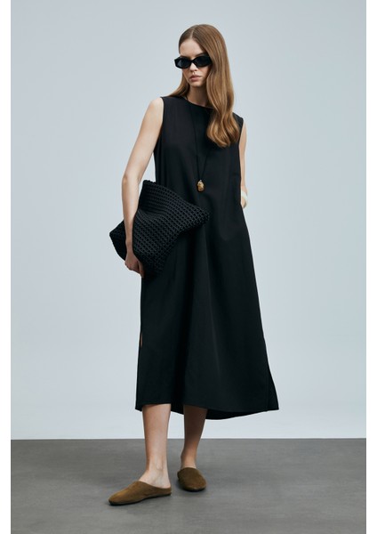 Grace Kadın Lyocell Karışımlı Keten Elbise Siyah