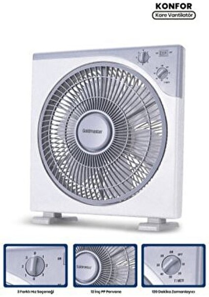 Konfor 12 inç Kare Vantilatör 50W 3 Hız Seçeneği ile Enerji Tasarruflu
