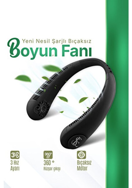 Şarjlı Boyun Asma Fanı 360° Çevreleyen Rüzgar 3 Vites Ayarı Açık Yeşil