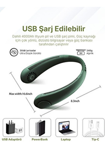 Şarjlı Boyun Asma Fanı 360° Çevreleyen Rüzgar 3 Vites Ayarı Açık Yeşil