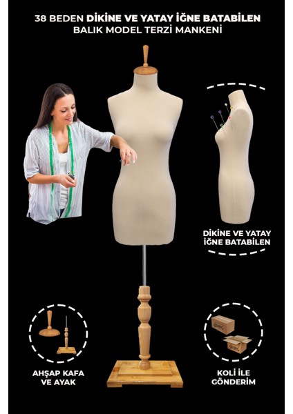 Balık Model Süngerli 38 Beden Dik ve Yatay Iğne Batabilen Terzi mankeni Prova Mankeni Cilalı Ayak