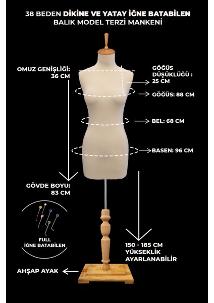 Balık Model Süngerli 38 Beden Dik ve Yatay Iğne Batabilen Terzi mankeni Prova Mankeni Cilalı Ayak fiyatları