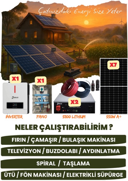 7,2 Kw Monofaze Güneş Paneli Sistemi (3,85 Kwp/10,24 Kwh Depolama) - 7P7K2L-D