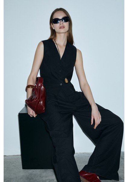 Bloom Kadın Lyocell Karışımlı Keten Yelek Siyah