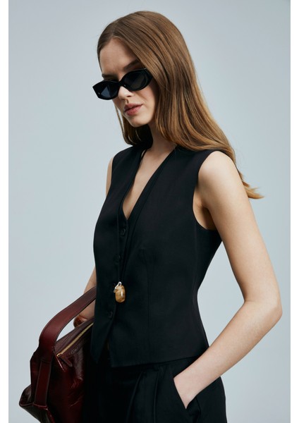 Bloom Kadın Lyocell Karışımlı Keten Yelek Siyah