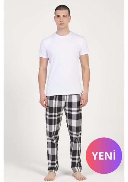Erkek Kısa Kollu Ekose Pijama Takımı – Beyaz Üst, Kırmızı / Siyah / Mavi Alt
