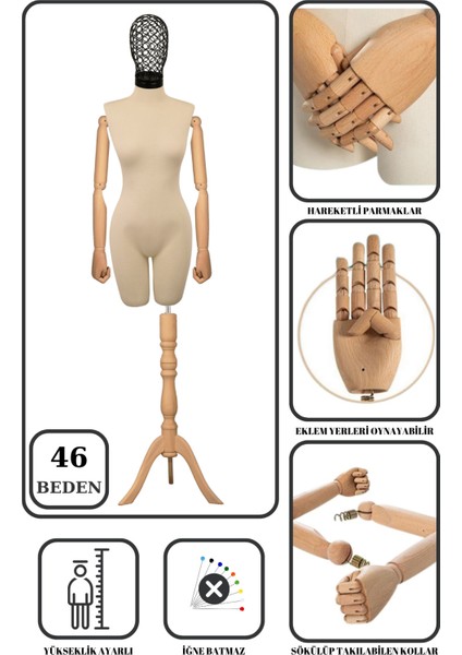 46 Beden Tel Kafalı Ahşap Kollu Pantolon Giyebilen Terzi Mankeni Vitrin Mankeni