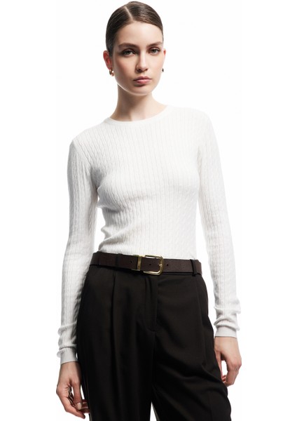 Uzun Kollu Bisiklet Yaka Saç Örgü Triko Kazak