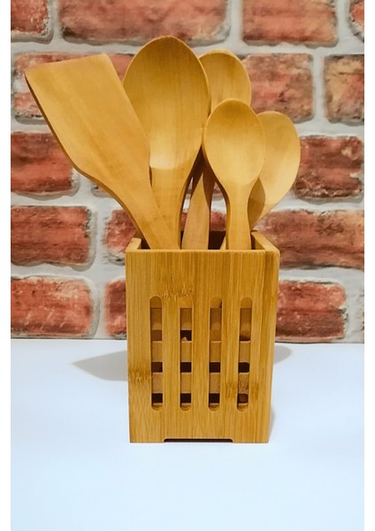 Kare Bambu Standlı - Ahşap Kaşık Spatula Servis Seti -6 Parça