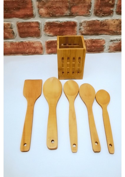 Kare Bambu Standlı - Ahşap Kaşık Spatula Servis Seti -6 Parça fiyatları