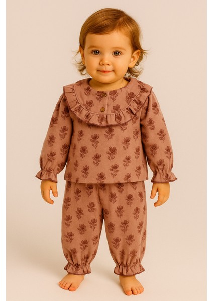 Fırfır Detaylı Dijital Baskılı %100 Pamuk Müslin Kumaş Bebek ve Çocuk Kız Ikili Takım