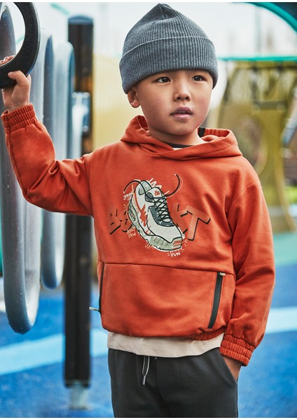 4-10 Yaş Erkek Çocuk Turuncu Kapüşonlu Baskılı Sweatshirt ve Siyah Eşofman Altı Takımı