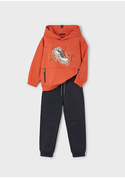 4-10 Yaş Erkek Çocuk Turuncu Kapüşonlu Baskılı Sweatshirt ve Siyah Eşofman Altı Takımı fiyatları
