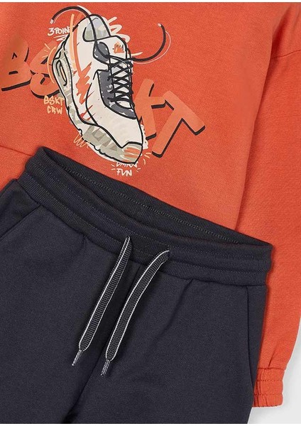 4-10 Yaş Erkek Çocuk Turuncu Kapüşonlu Baskılı Sweatshirt ve Siyah Eşofman Altı Takımı fırsatları
