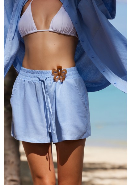 Açık Mavi Natural Keten Şort