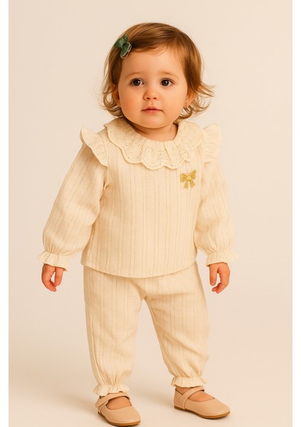 Fiyonk Detaylı Fırfırlı %100 Pamuk Müslin Kumaş Bebek ve Çocuk Kız Ikili Takım