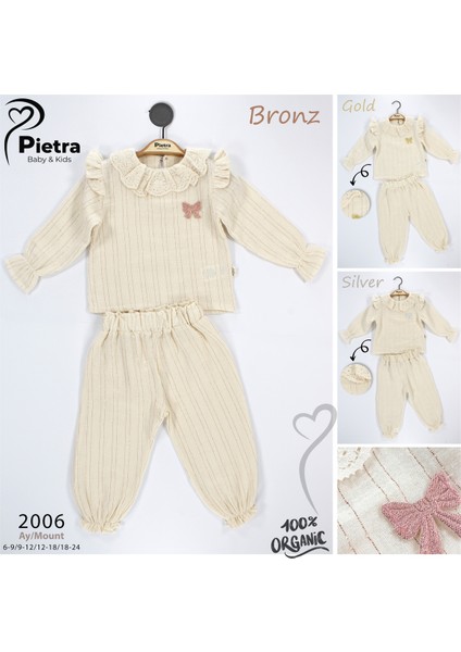 Fiyonk Detaylı Fırfırlı %100 Pamuk Müslin Kumaş Bebek ve Çocuk Kız Ikili Takım