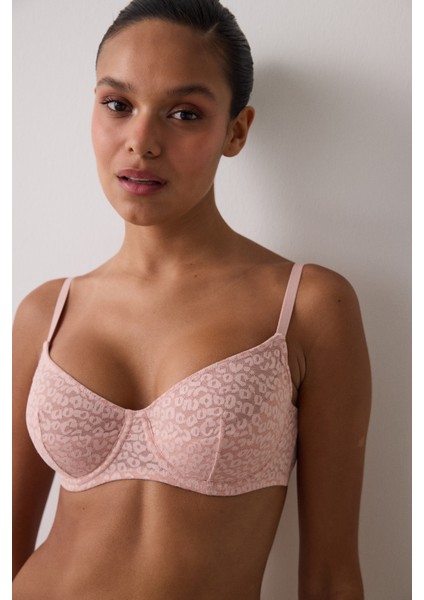 Gül Kurusu Valeria Çiçek Desenli Dantelli Balenli Dolgusuz Toparlayıcı Sütyen