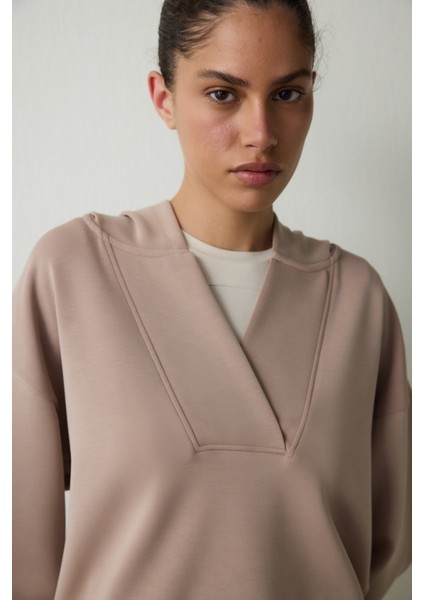 Bej Kapüşonlu Modal Crop Sweatshirt