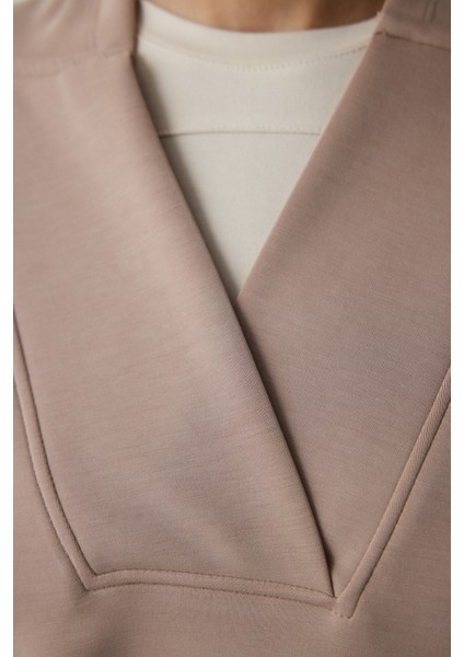 Bej Kapüşonlu Modal Crop Sweatshirt