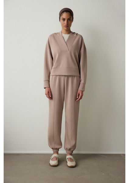 Bej Kapüşonlu Modal Crop Sweatshirt