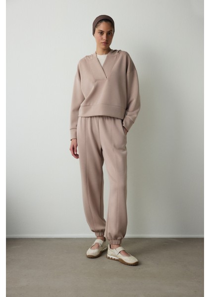 Bej Kapüşonlu Modal Crop Sweatshirt