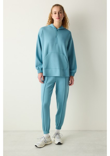 Turkuaz Mavi Yarım Fermuarlı Kapüşonlu Silky Touch Sweatshirt