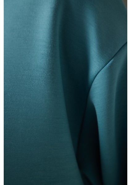 Turkuaz Mavi Yarım Fermuarlı Kapüşonlu Silky Touch Sweatshirt