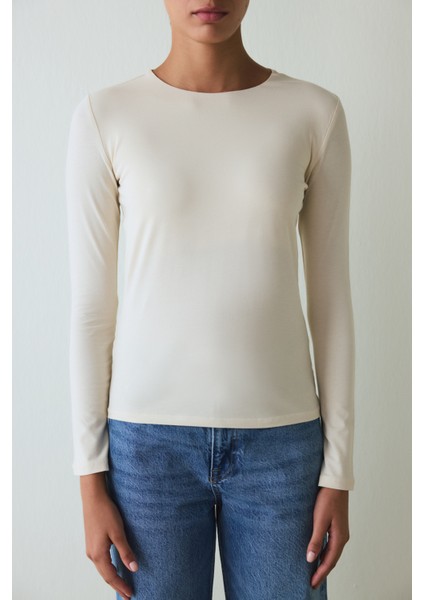 Bej Bisiklet Yaka Slim Fit Uzun Kollu Üst