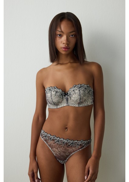 Leopar Desenli Lotus Brode Balenli Dolgusuz Straplez Sütyen