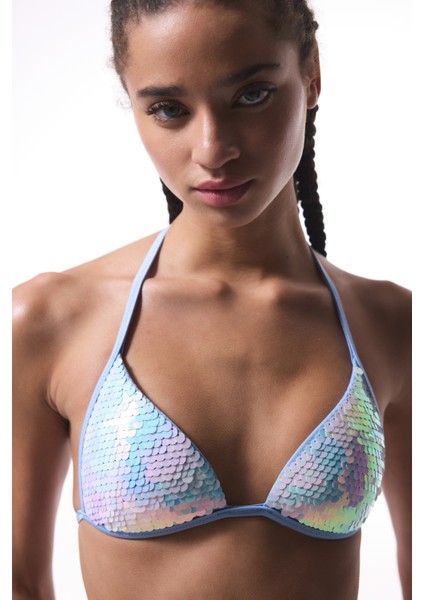 Sequin Pullu Mavi Üçgen Bikini Üstü - Gamze Erçel Koleksiyonu