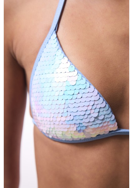 Sequin Pullu Mavi Üçgen Bikini Üstü - Gamze Erçel Koleksiyonu