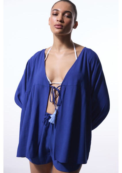 Lacivert Freya Crinckle Kısa Kol V Yaka Midi Kimono