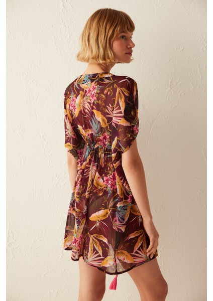 Çok Renkli Tropik Desenli Basic Kaftan