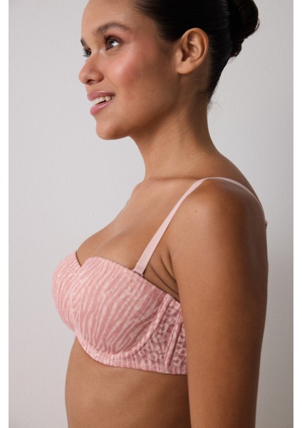 Açık Gül Kurusu Bloom Dantelli Toparlayıcı Balenli Straplez Sütyen