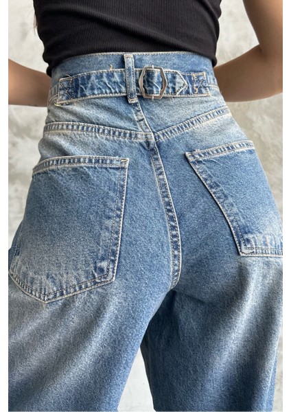 Toka Detaylı Koyu Mavi Bol Kesim Geniş Paça Rahat Baggy Jean Pantolon Mavi / 30 fiyatları