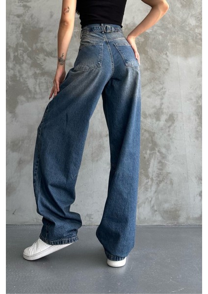 Toka Detaylı Koyu Mavi Bol Kesim Geniş Paça Rahat Baggy Jean Pantolon Mavi / 30 fırsatları