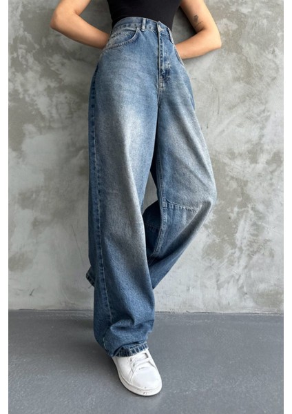 Toka Detaylı Koyu Mavi Bol Kesim Geniş Paça Rahat Baggy Jean Pantolon Mavi / 30 indirimleri