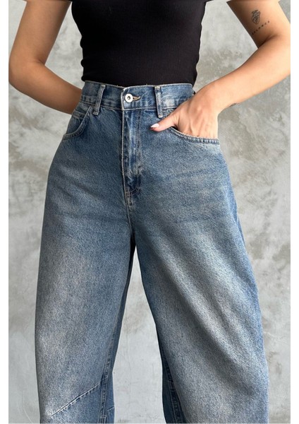 Toka Detaylı Koyu Mavi Bol Kesim Geniş Paça Rahat Baggy Jean Pantolon Mavi / 30