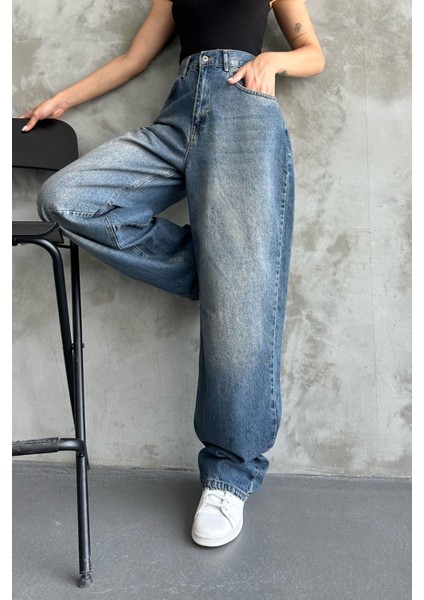 Toka Detaylı Koyu Mavi Bol Kesim Geniş Paça Rahat Baggy Jean Pantolon Mavi / 30