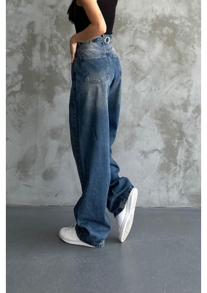 Toka Detaylı Koyu Mavi Bol Kesim Geniş Paça Rahat Baggy Jean Pantolon Mavi / 30