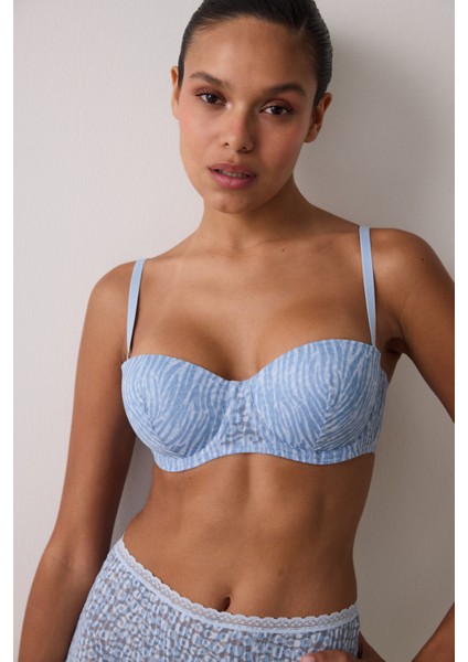 Açık Mavi Bloom Dantelli Balenli Dolgusuz Straplez Sütyen