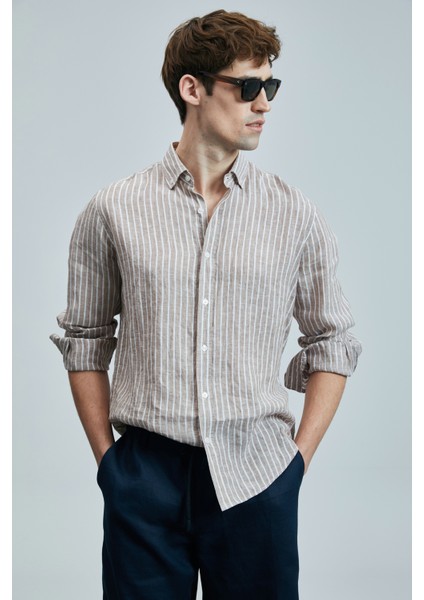 Alfred Erkek Keten Pamuklu Gömlek Regular Fit Mavi