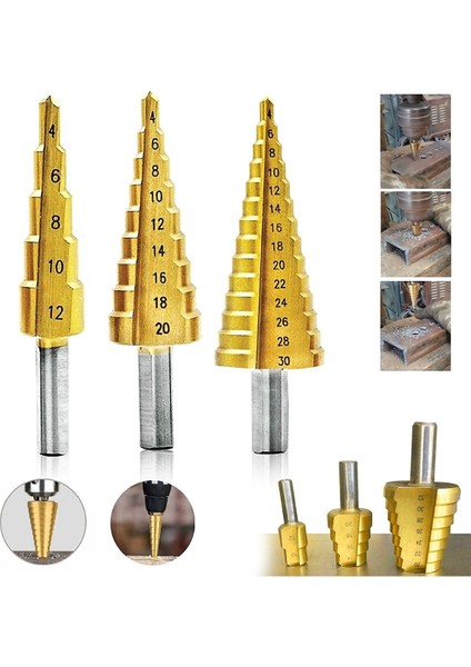 3 Lü Set Matkap Ucu Kademeli Sac Delme Aparatı Hss Titanyum Kaplama (5263)