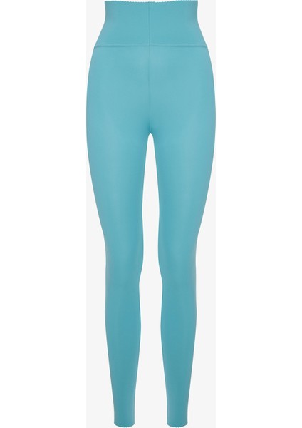 Turkuaz Mavi Yüksel Bel Toparlayıcı Bilek Boy Form Tayt